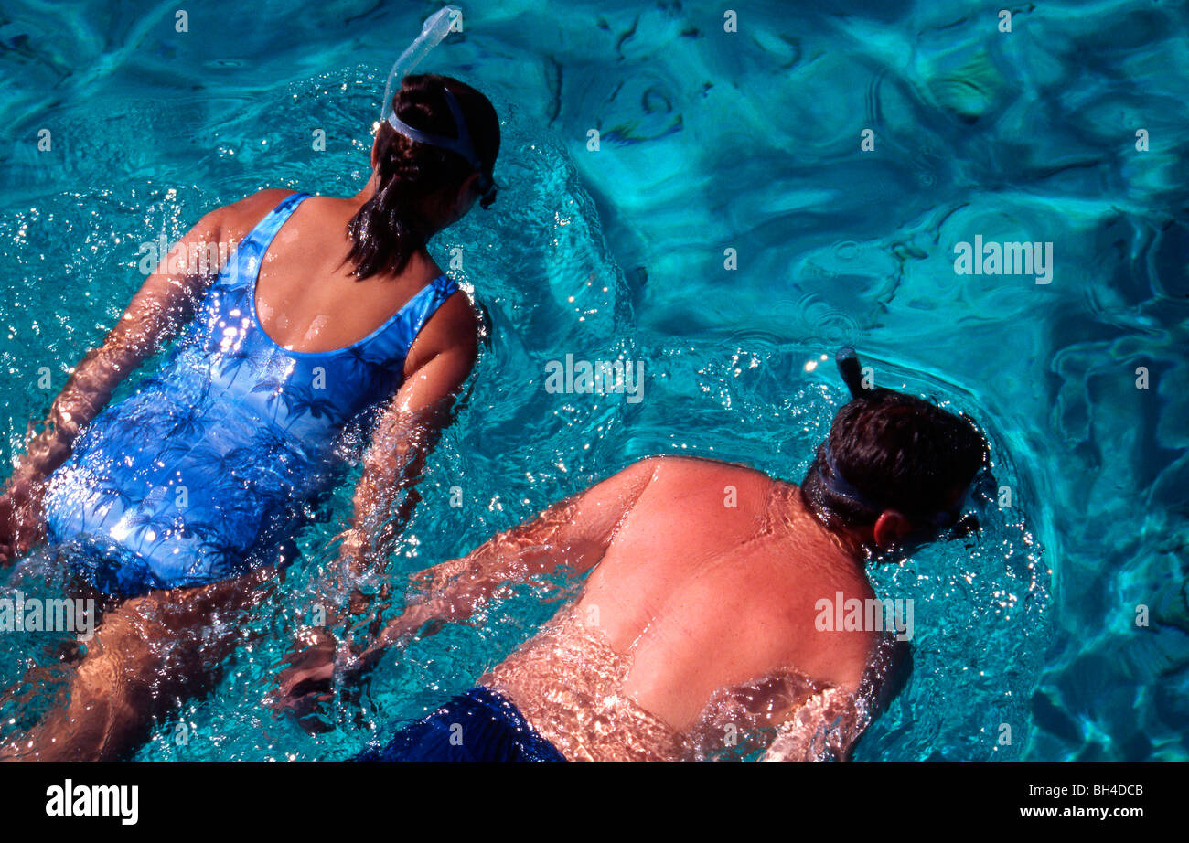 Due amanti dello snorkeling galleggiante nelle acque cristalline delle Isole Cayman. Foto Stock