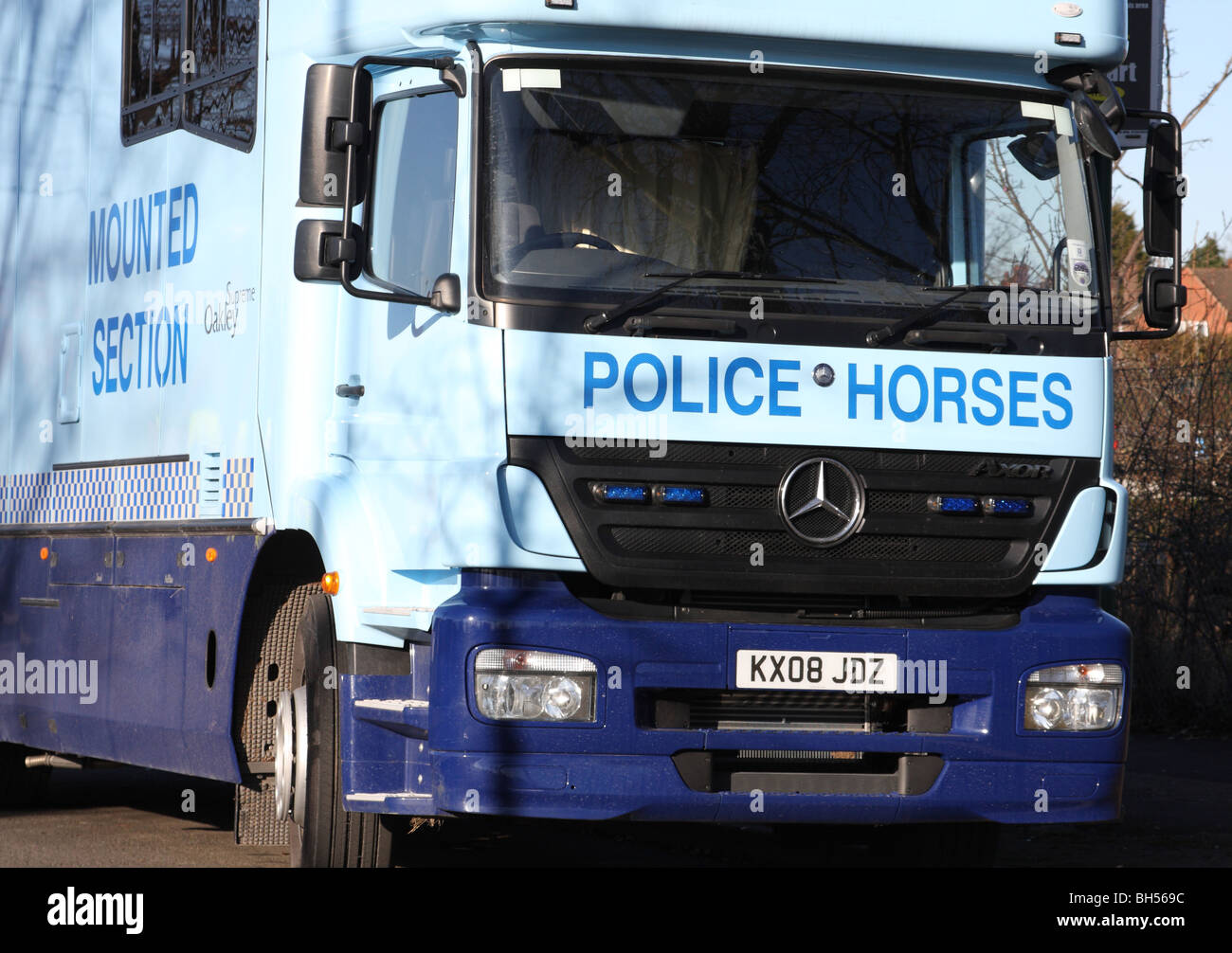 Un Nottinghamshire polizia sezione montato cavalli in box. Foto Stock