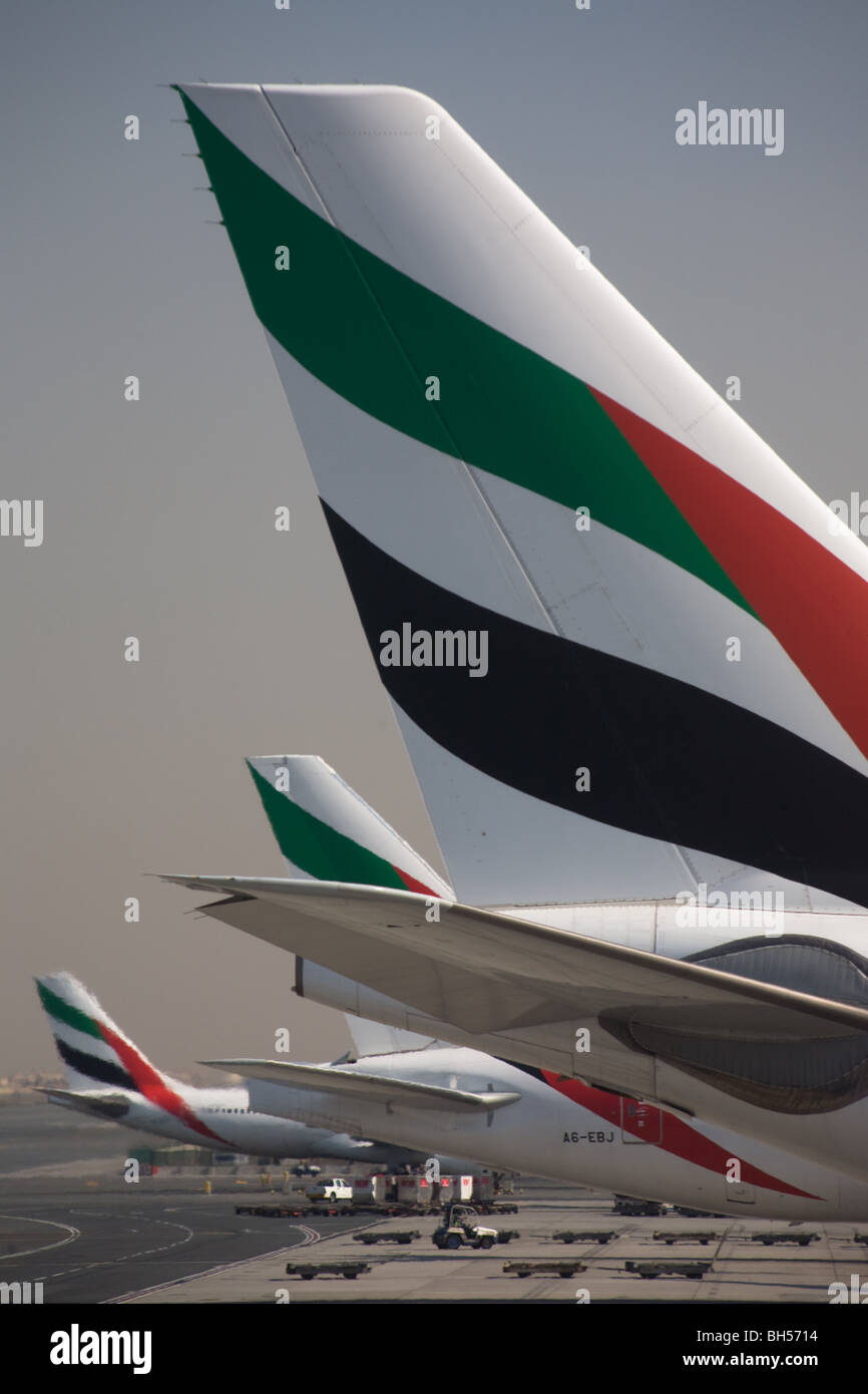 Emirates Airline airbus aeroporto di Dubai il piano di coda Foto Stock