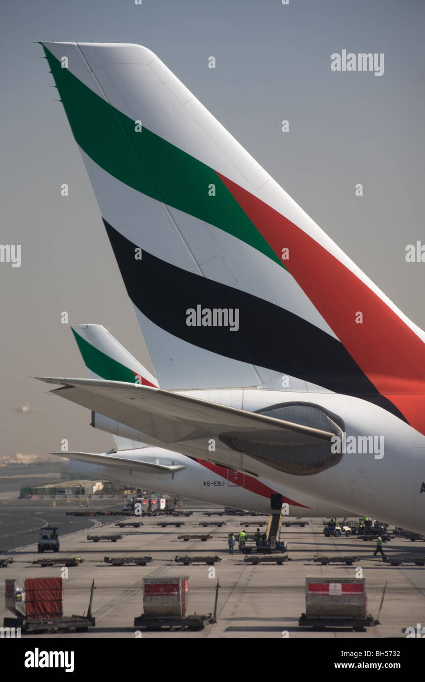 Emirates Airline airbus aeroporto di Dubai il piano di coda Foto Stock