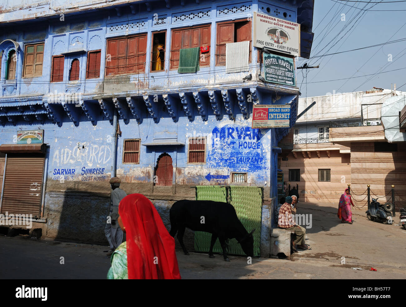 Vecchia strada Jodhpur con mucca nera. India. Foto Stock