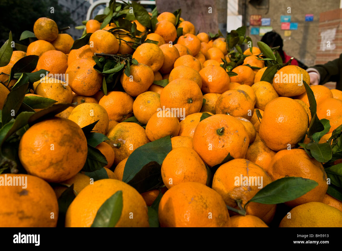 Perso di arance in vendita in un prodotti freschi di mercato in Cina. Foto Stock