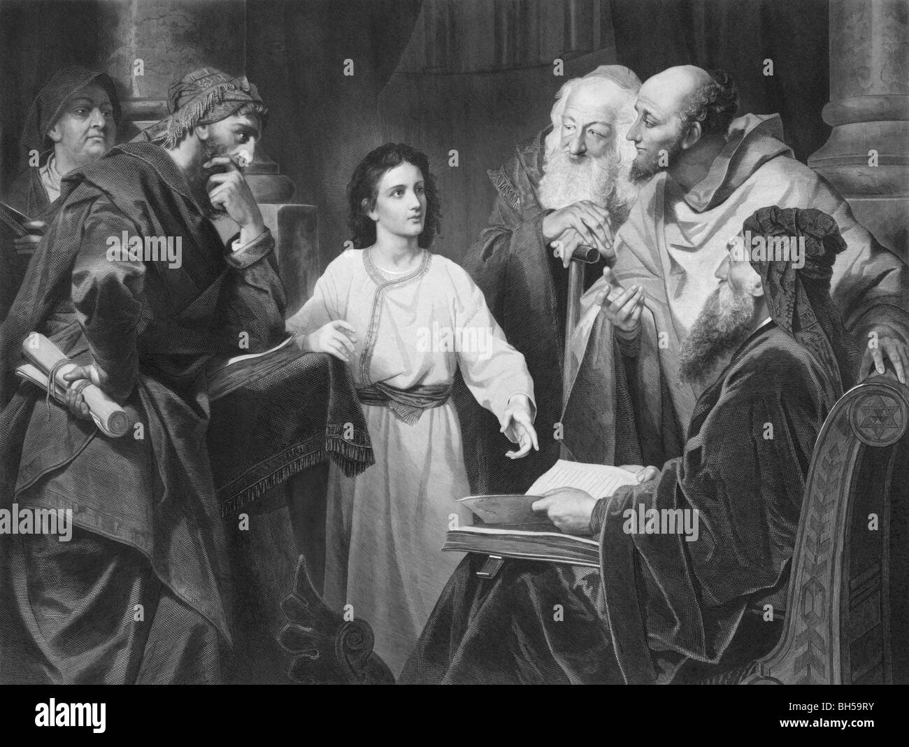 Incisione di stampa C1880s che mostra Gesù Cristo, invecchiato appena 12, nel tempio di Gerusalemme discoursing con gli anziani. Foto Stock