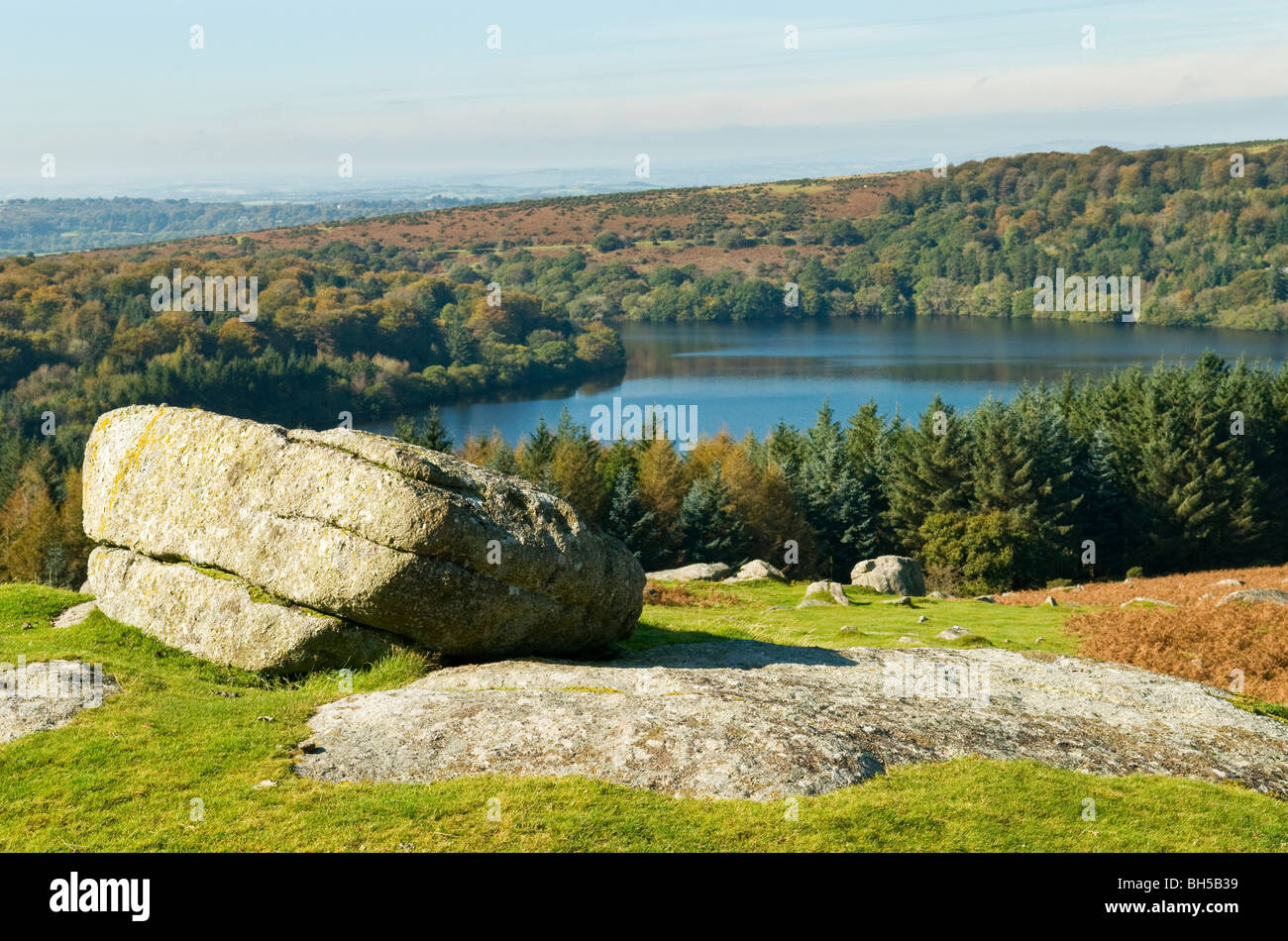 Serbatoio Burrator e bosco circostante dalle pendici del Sheepstor, Dartmoor Devon Regno Unito Foto Stock