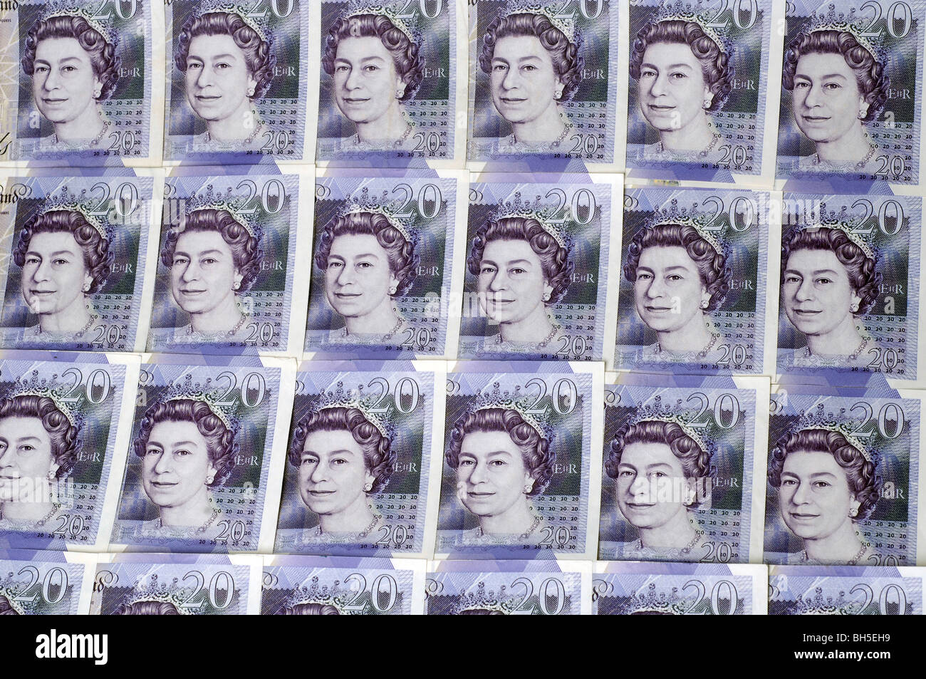 Righe di British venti pound note Foto Stock