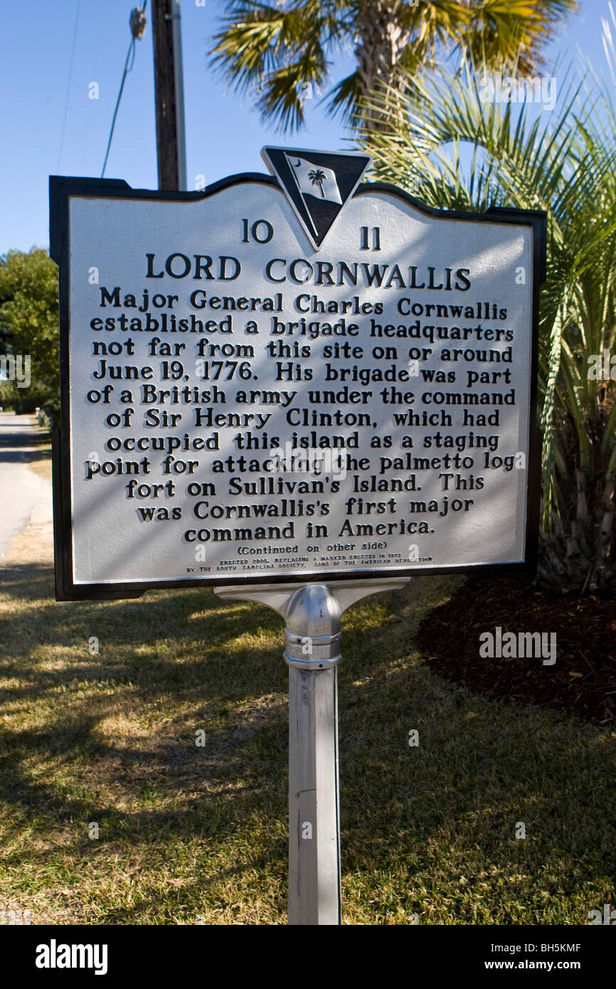 Signore CORNWALLIS Charleston South Carolina SC storia marcatore storico Foto Stock