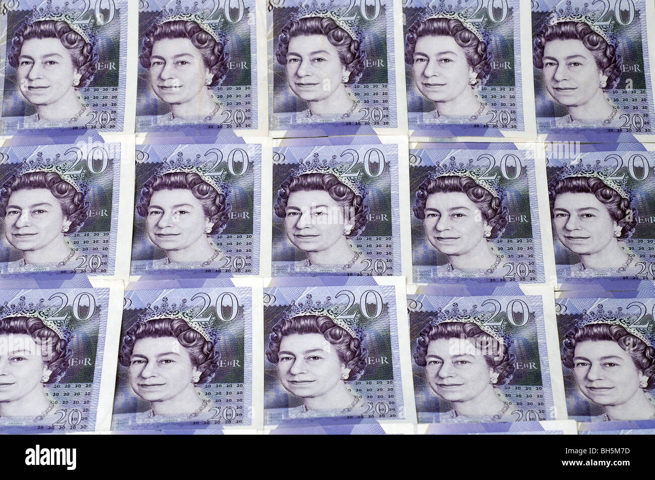 Righe di British venti pound note Foto Stock