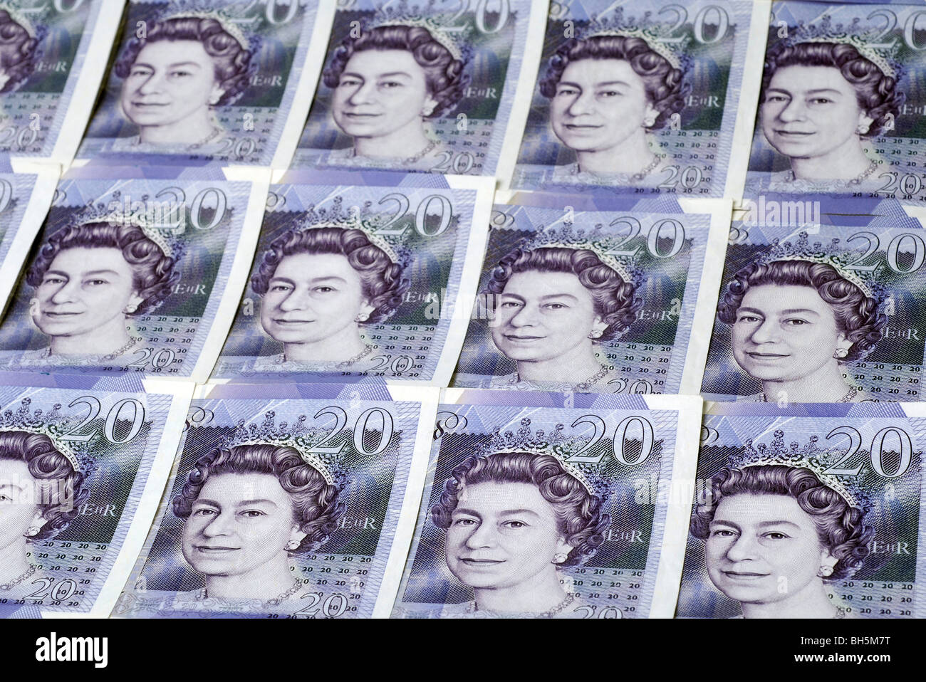 Righe di British venti pound note Foto Stock