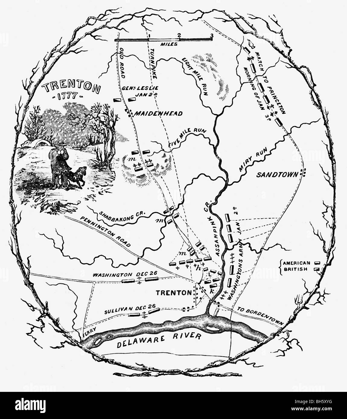 La mappa mostra il campo di battaglia dei piani per gli scontri che hanno avuto luogo in 1776-1777 a Trenton tra inglesi e truppe americane. Foto Stock