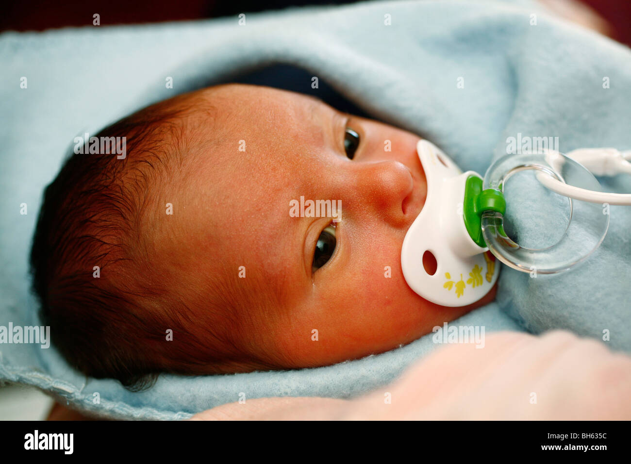 New Born baby boy, aspirando il succhietto. Foto Stock