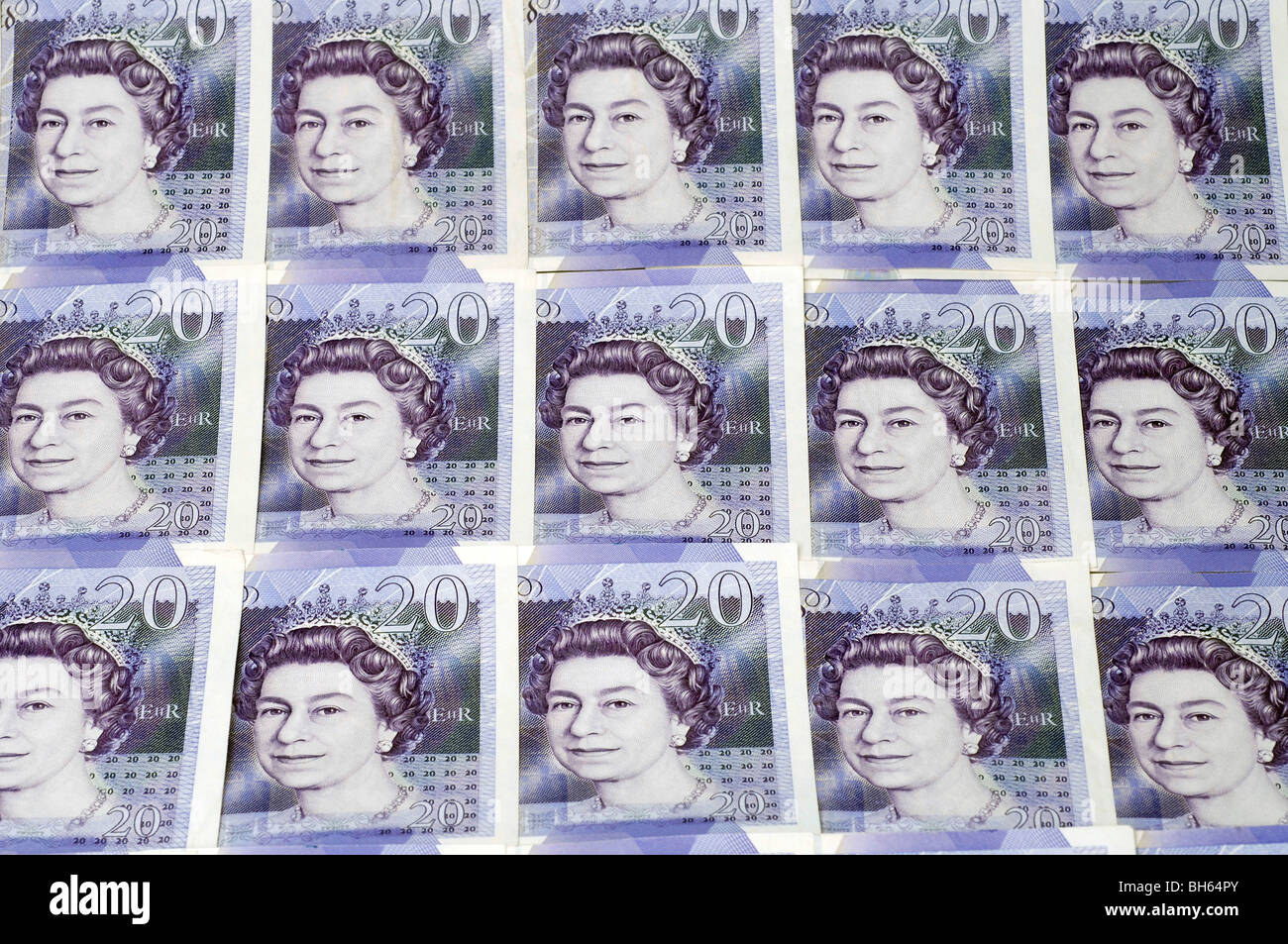 Righe di British venti pound note Foto Stock