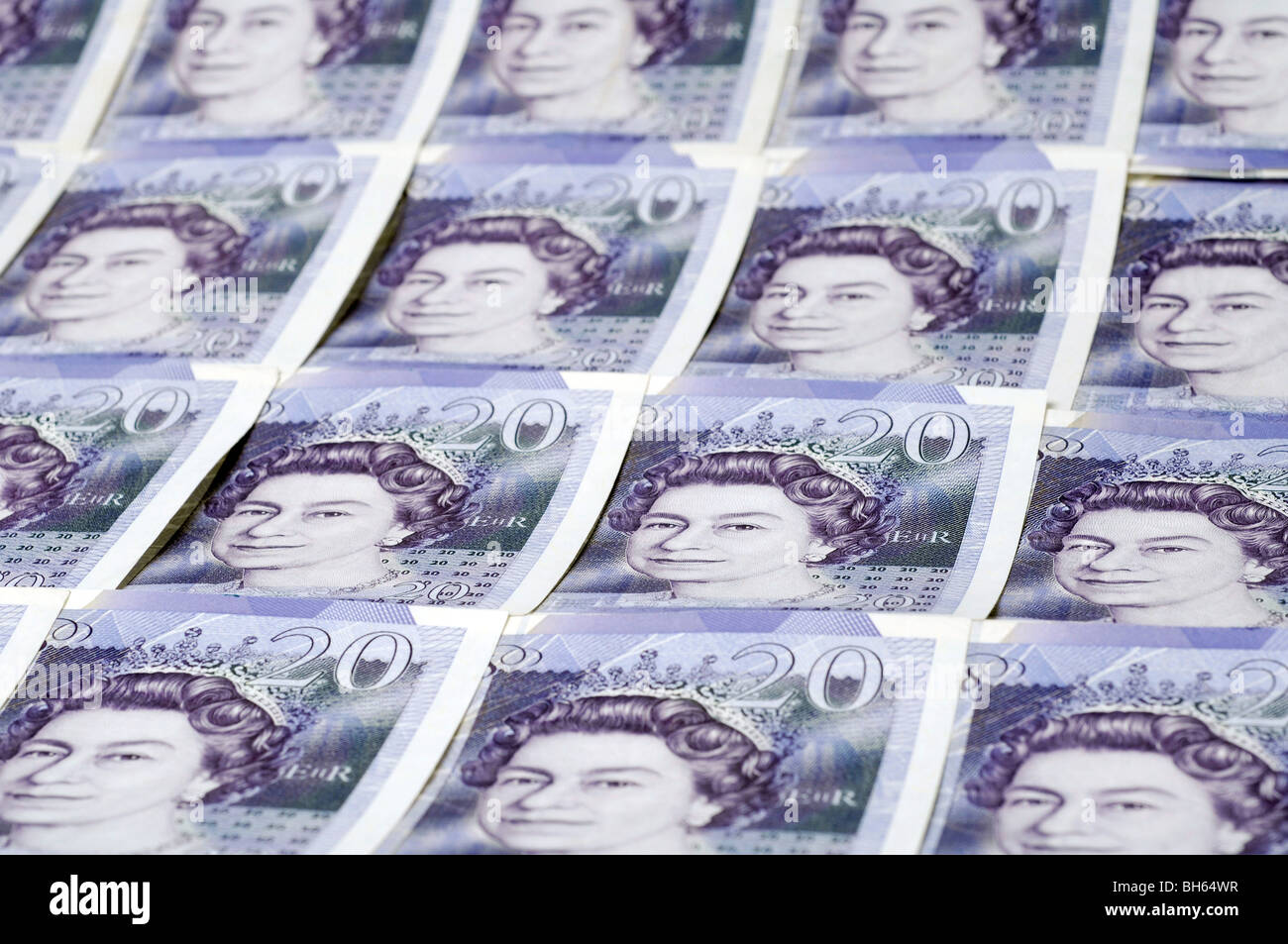 Righe di British venti pound note Foto Stock