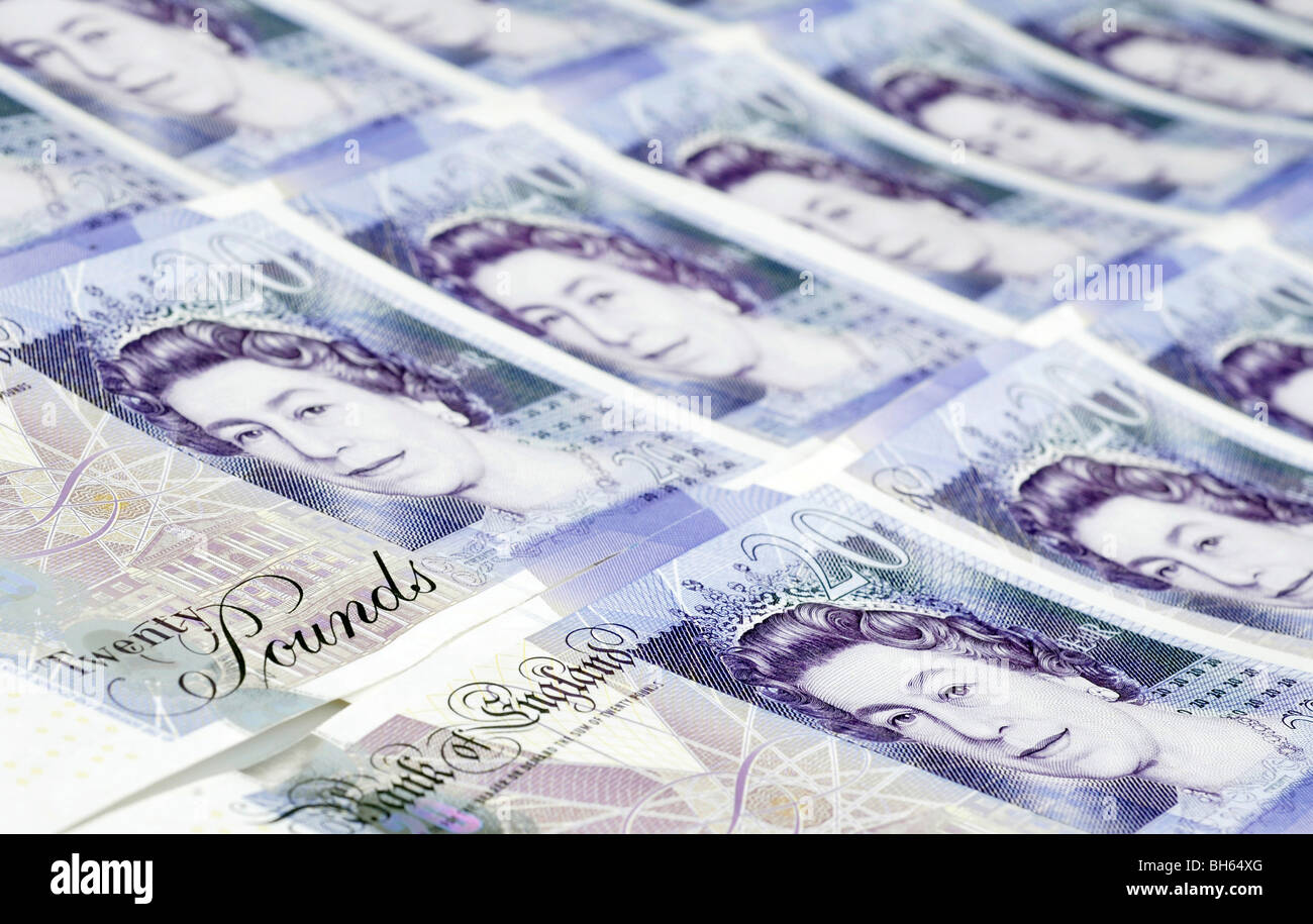 Righe di British venti pound note Foto Stock