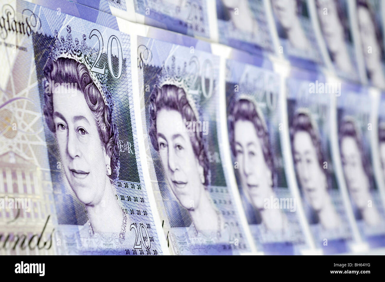 Righe di British venti pound note Foto Stock