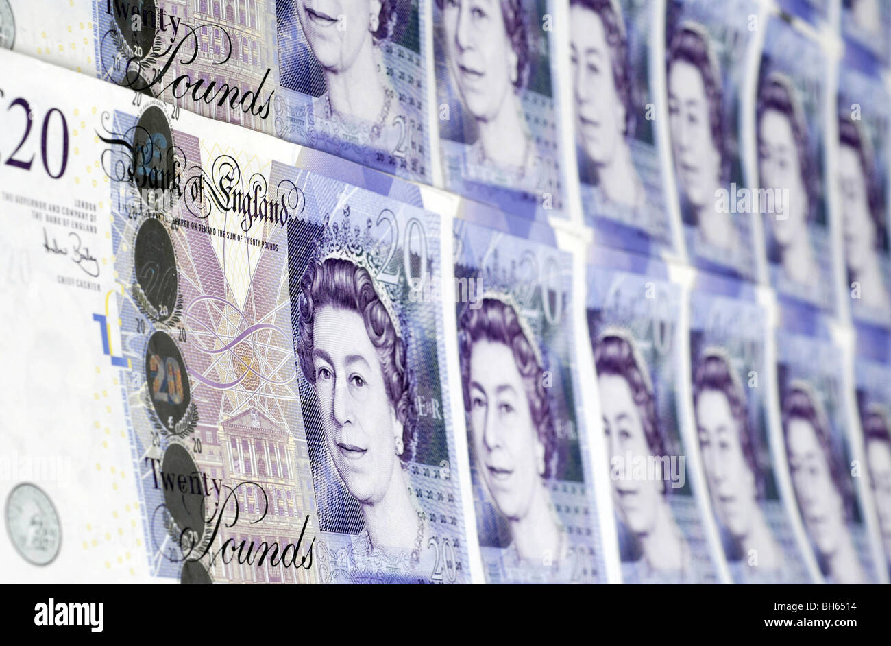 Righe di British venti pound note Foto Stock