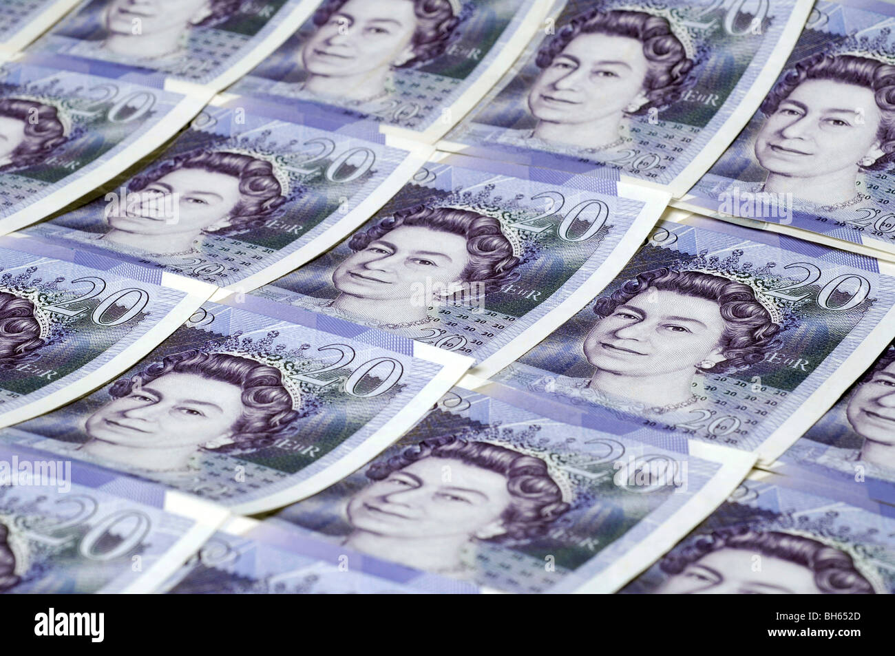 Righe di British venti pound note Foto Stock