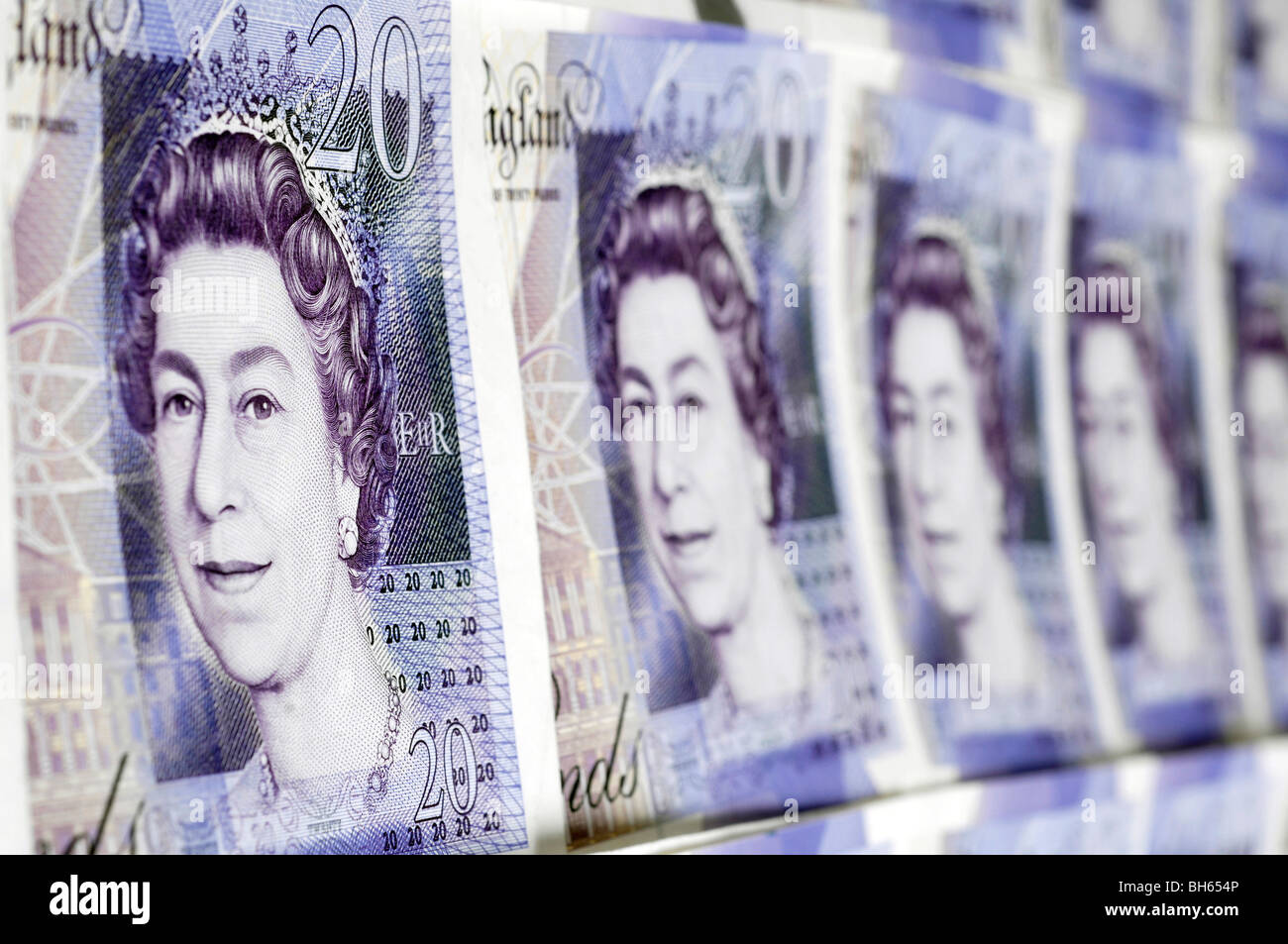 Righe di British venti pound note Foto Stock