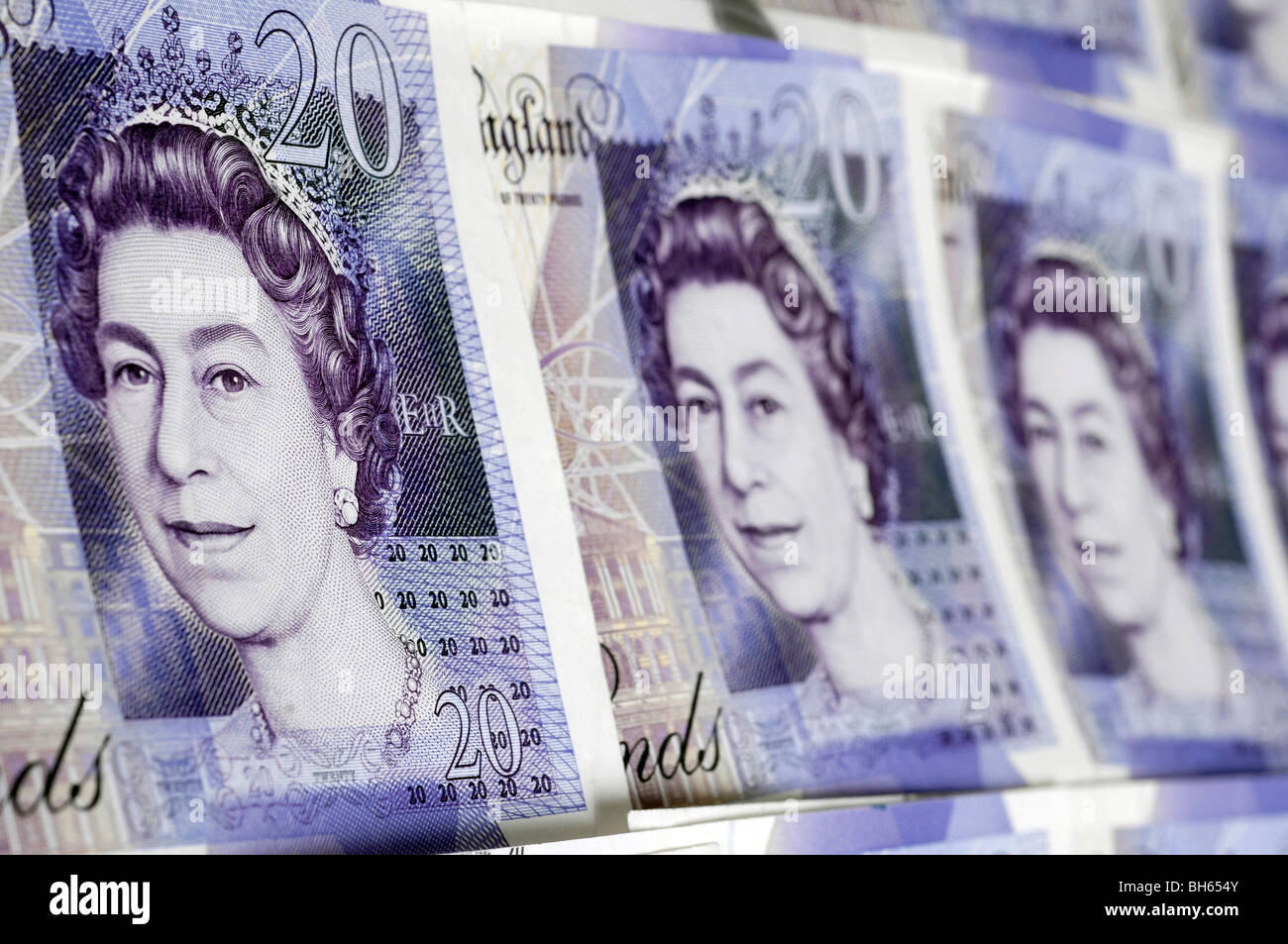Righe di British venti pound note Foto Stock