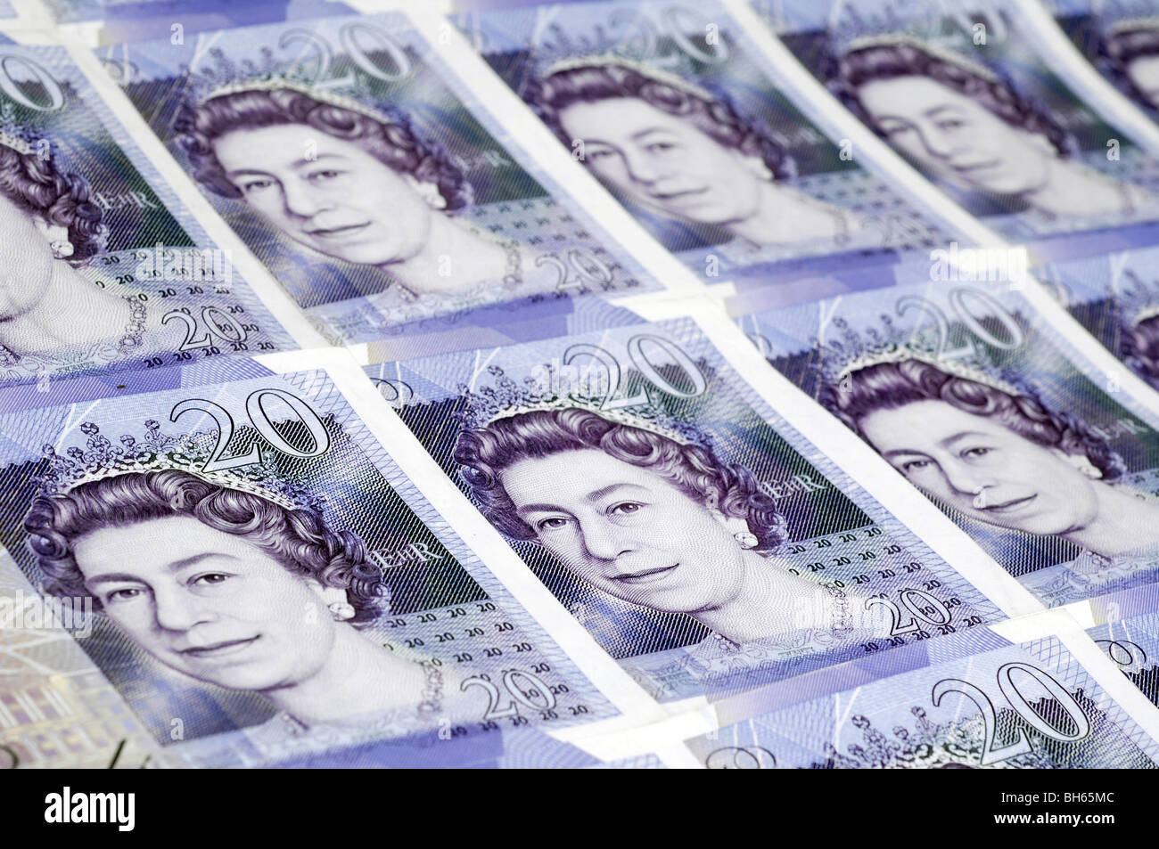 Righe di British venti pound note Foto Stock