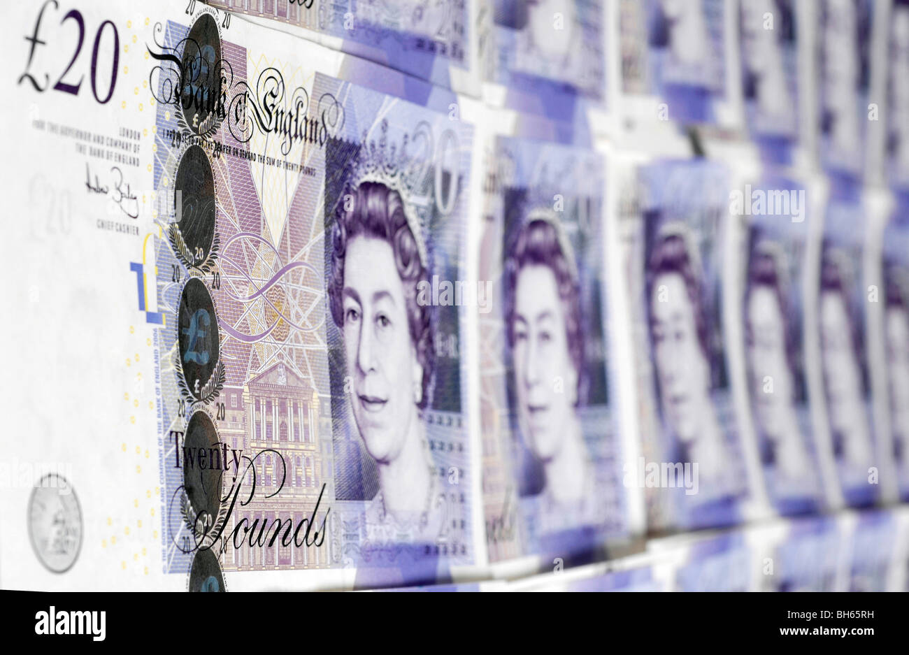 Righe di British venti pound note Foto Stock