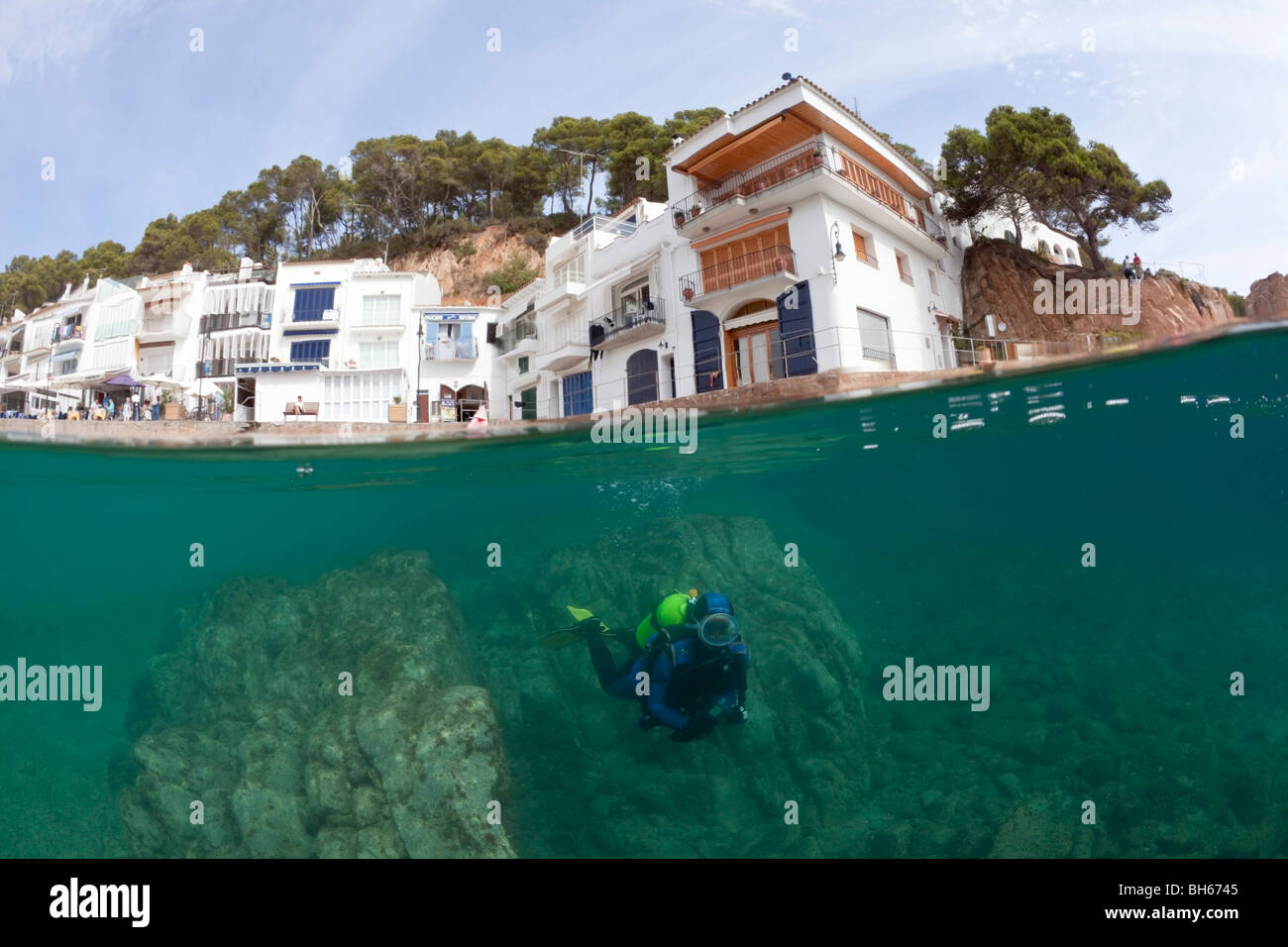 Scuba Diving in Tamariu, Tamariu, Costa Brava, Mare mediterraneo, Spagna Foto Stock