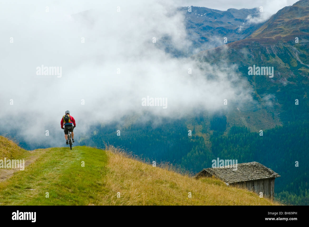 Mountain-biker su un facile sentiero alpino Alta al di sopra di Davos, Grigioni, Svizzera Foto Stock