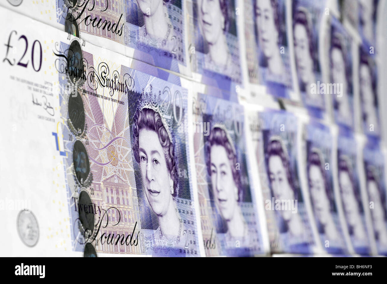 Righe di British venti pound note Foto Stock