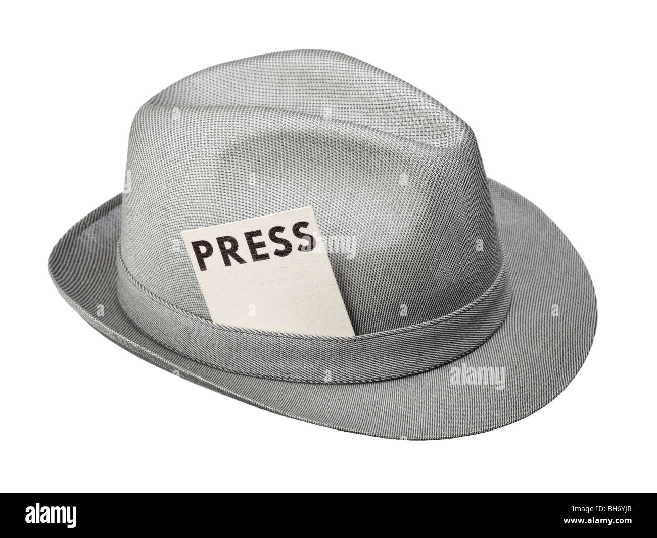 Vintage trilby hat con pass stampa isolato su bianco Foto Stock