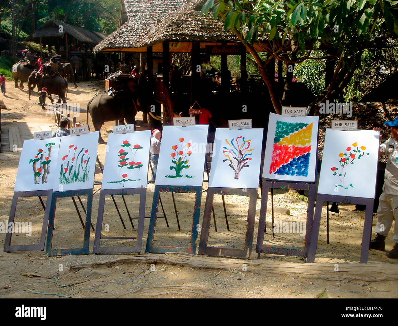 Thailandia, animale, l'Elefante, dipinti su Display in località turistica Foto Stock