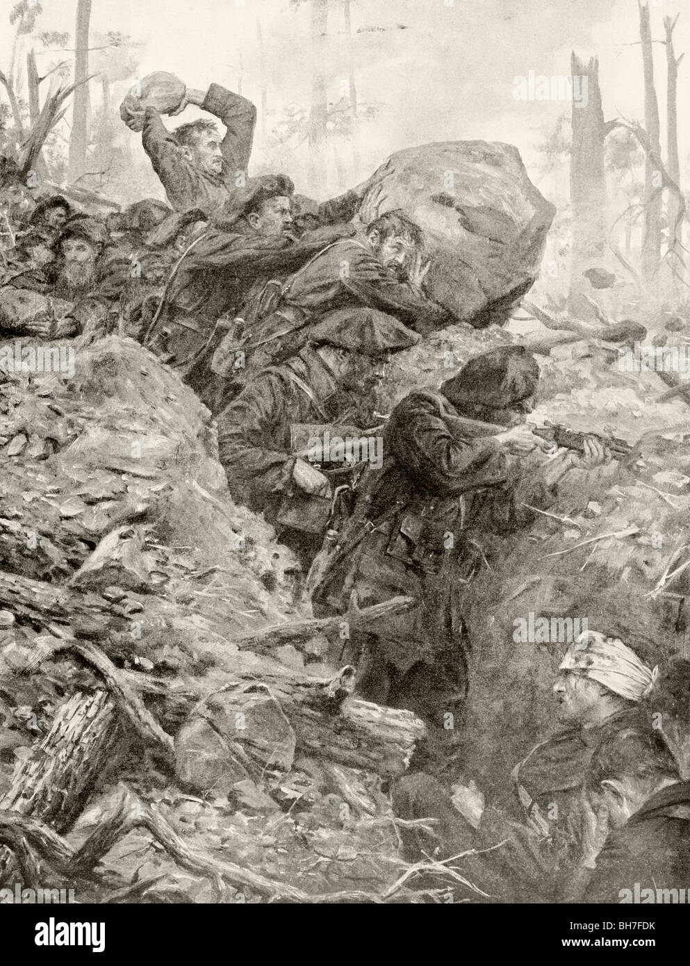 Soldati francesi a neutralizzare un attacco tedesco contro il vertice di una collina durante una battaglia nella zona dei Vosgi, 1915. Foto Stock