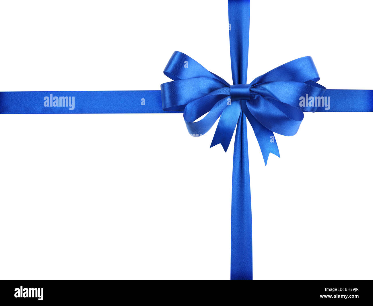 Nastro di colore blu con un inchino come un regalo su sfondo bianco Foto Stock