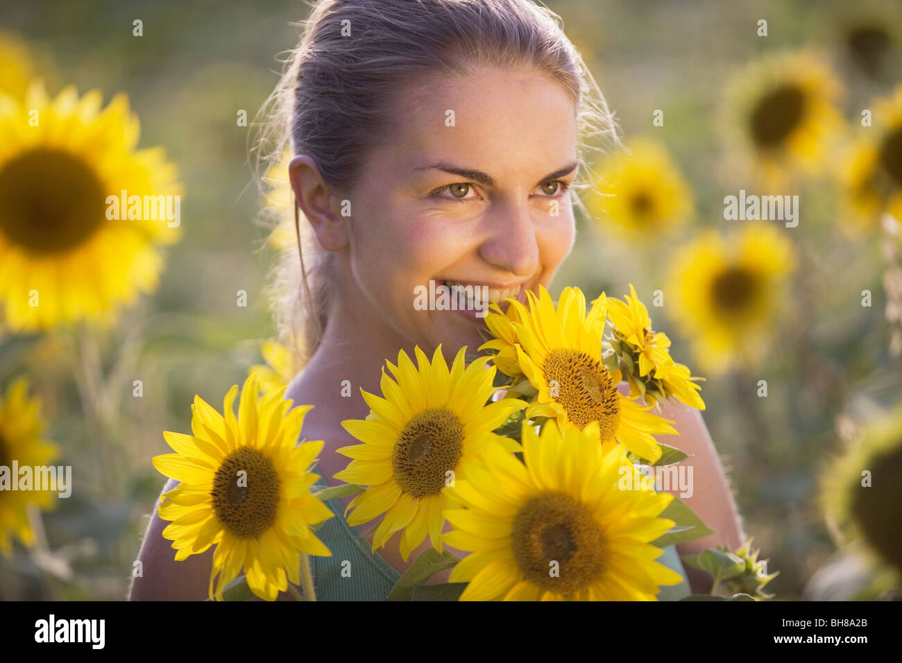 Una donna in un campo di girasoli, ritratto Foto Stock