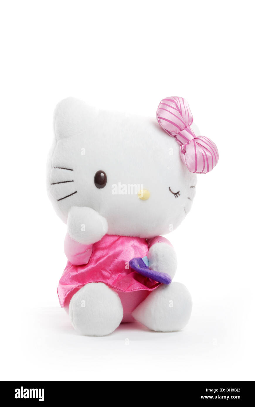 Hello Kitty peluche su sfondo bianco Foto Stock