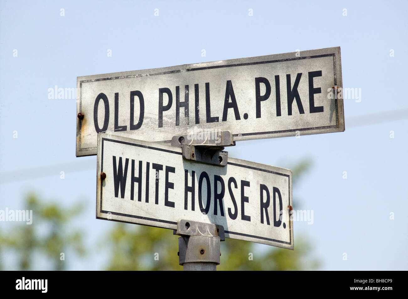 Vecchia strada segno in Lancaster County vecchio Phila Pike e White Horse Road, Pennsylvania Foto Stock