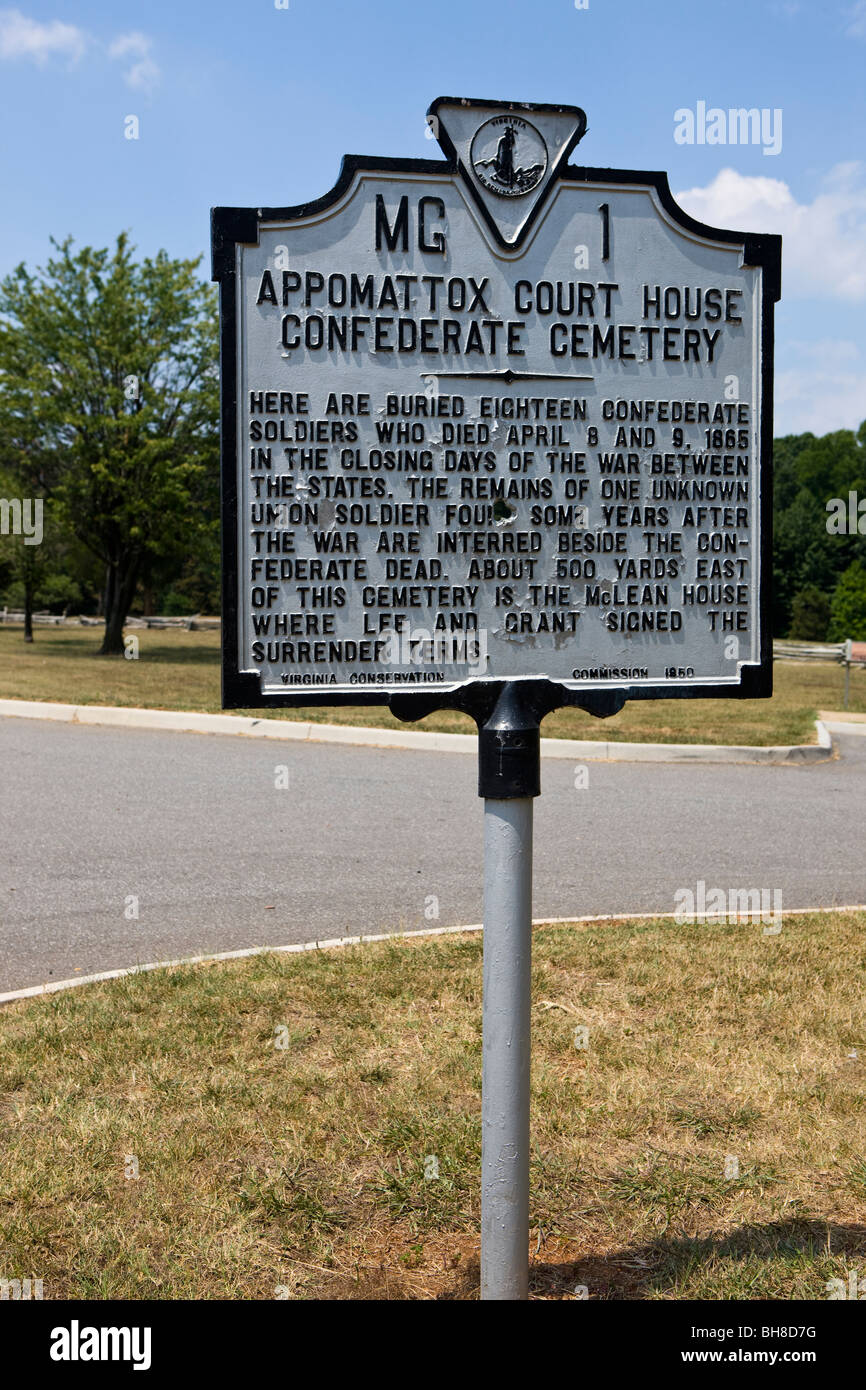 Appomattox Court House cimitero confederato mg-1 di Virginia marcatore storico VA, pietra miliare della storia Foto Stock