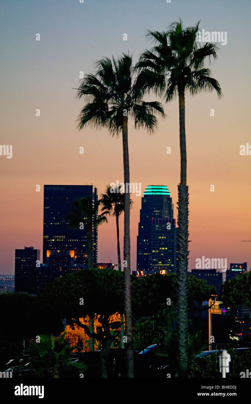 Palme al tramonto sopra Los Angeles skyline come si vede dal Dodger Stadium durante gli NLC serie di baseball, 12 Ottobre 2008 Foto Stock
