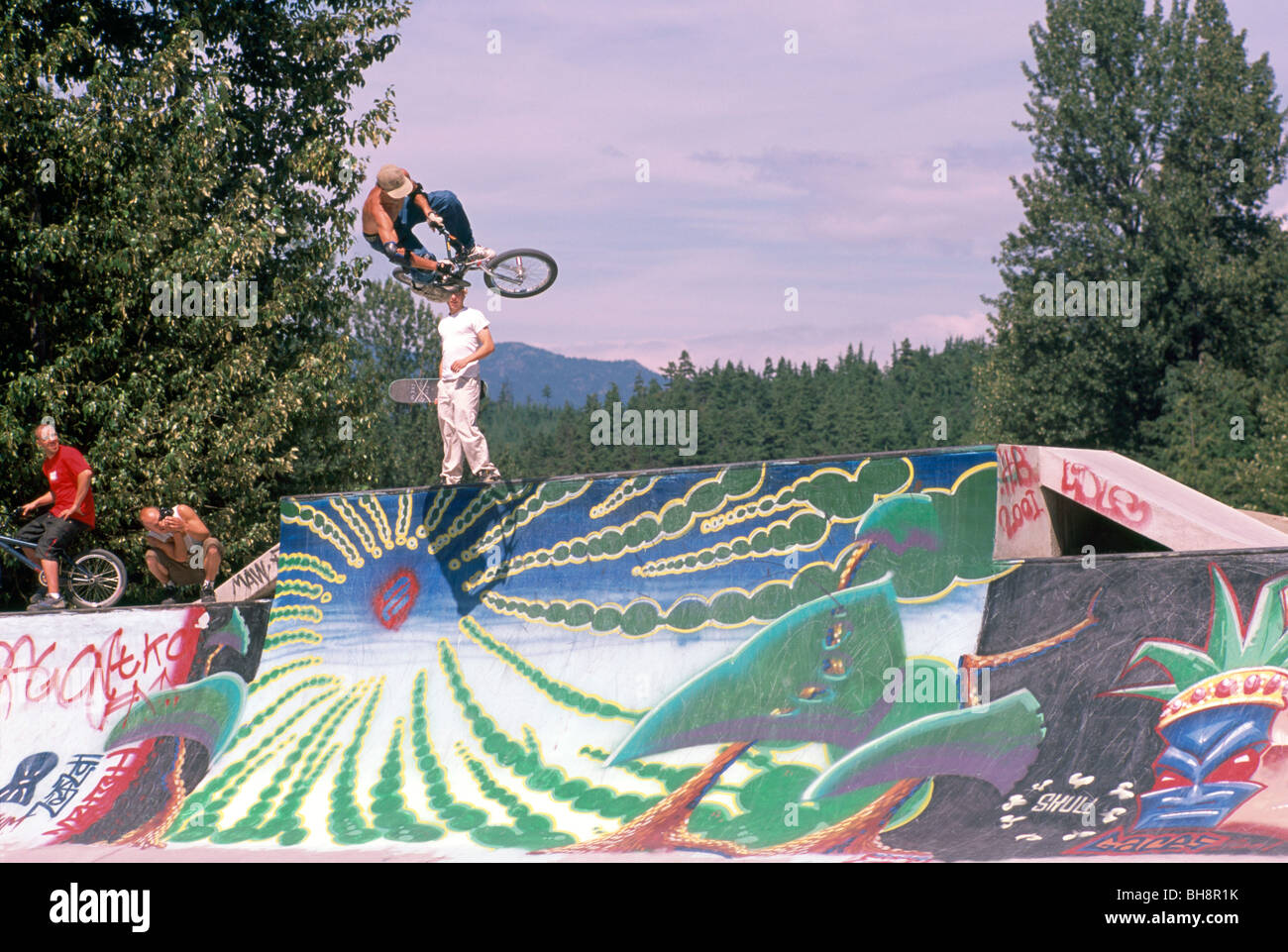 Whistler, BC, British Columbia, Canada - Skateboard Park Rampa, guidatore di skateboard skateboard, ciclista ciclismo, arte dei graffiti, estate Foto Stock