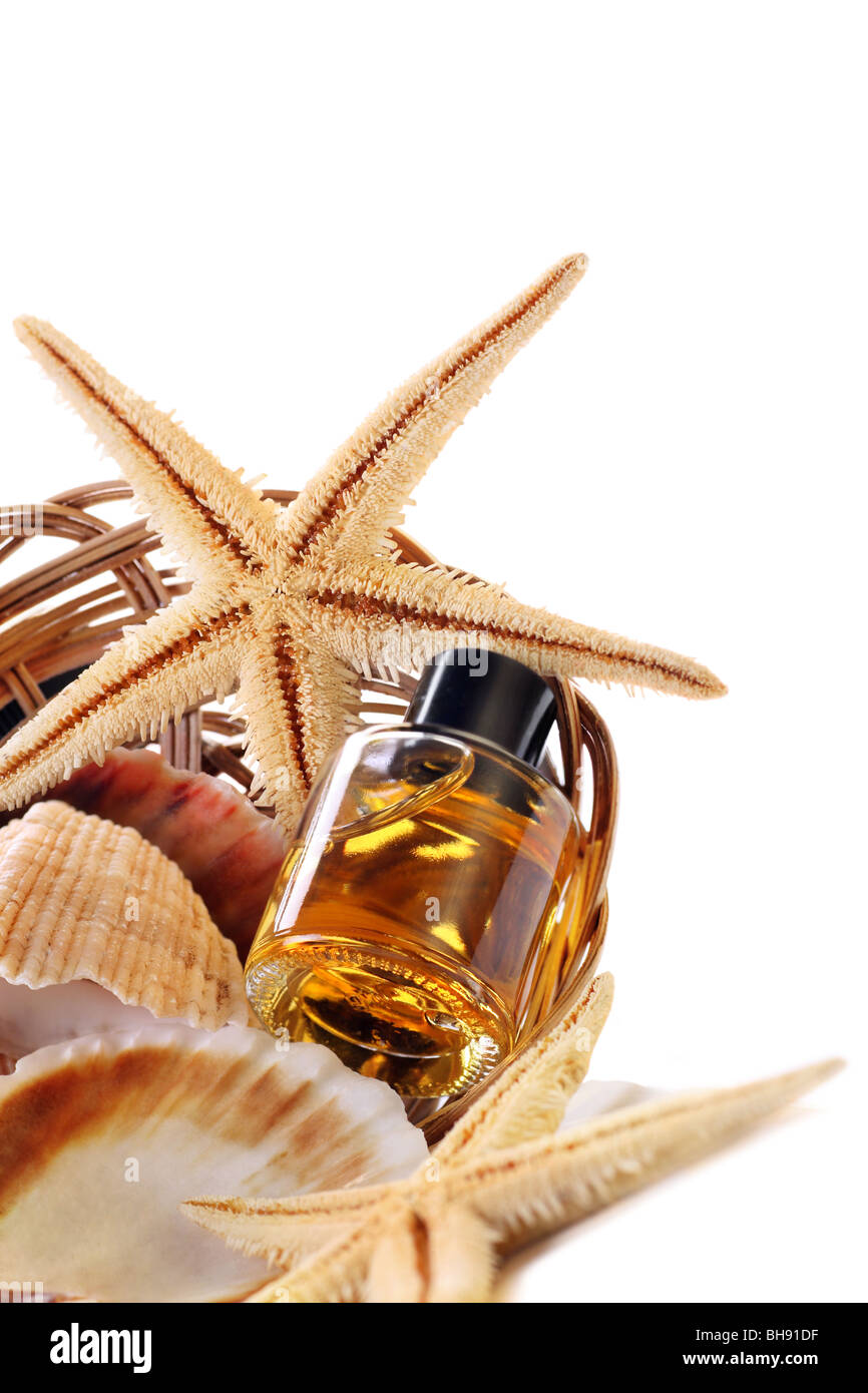 Olio essenziale e prodotti del mare con spazio per il testo Foto Stock