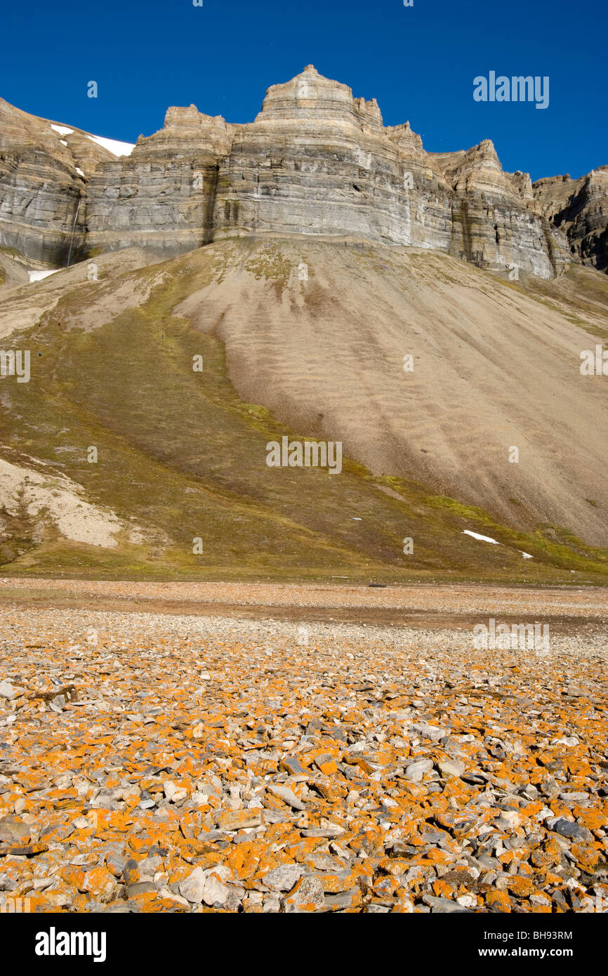 Montagna del massiccio a Skansbukta, Billefjord, Spitsbergen, arcipelago delle Svalbard, Norvegia Foto Stock