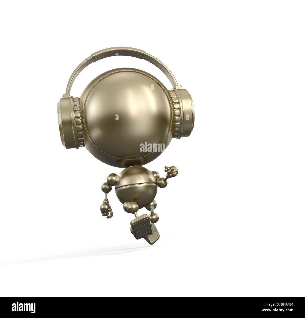 Robot oro viene eseguito con la musica. Esecuzione statuetta d'oro con le cuffie ascoltando musica Foto Stock