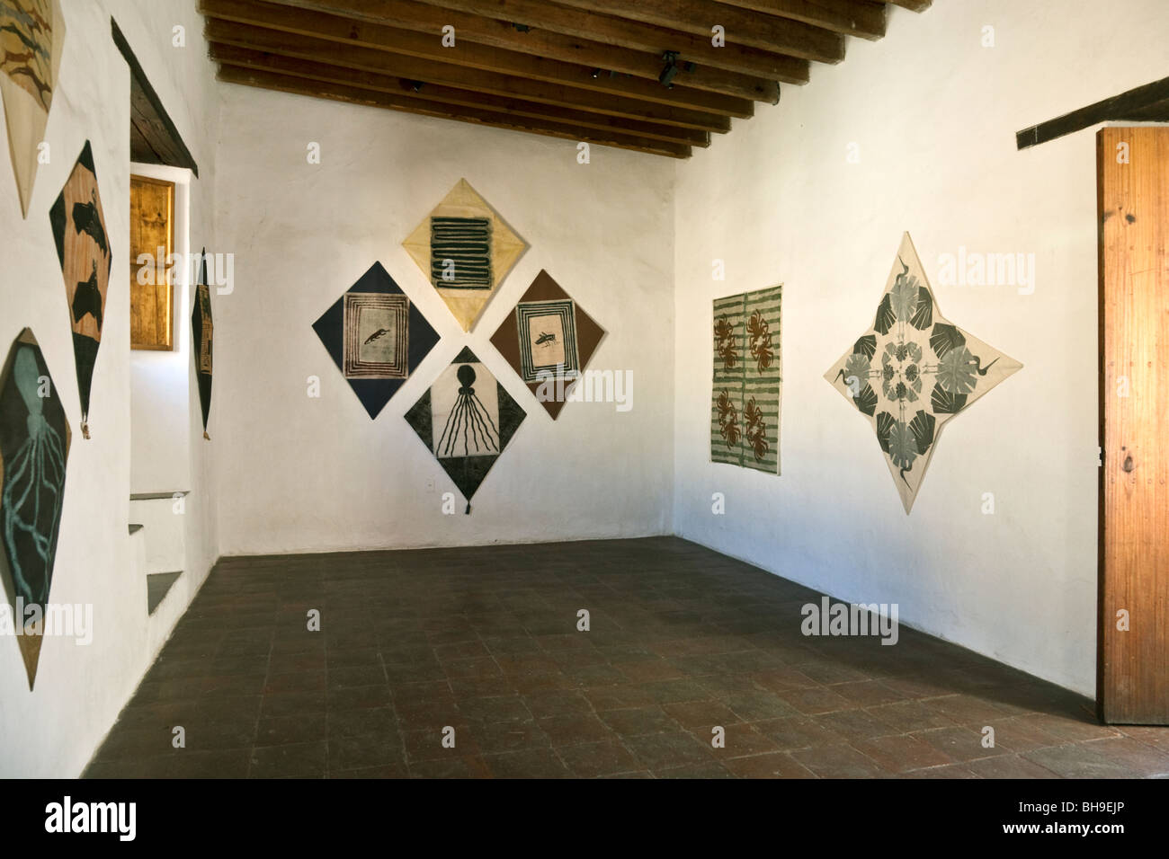 Piena di luce Galleria del Museo di Arti Grafiche città di Oaxaca con esposizione di aquiloni utilizzando pigmenti & motivi dal mondo naturale Foto Stock