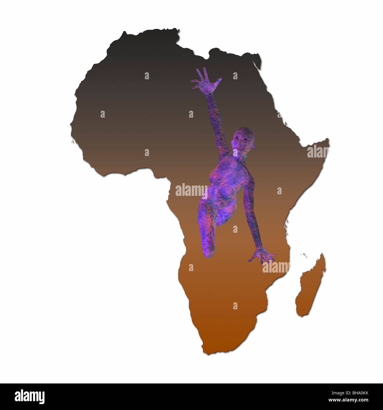 Illustrazione di una donna raggiungere fuori per aiutare su una mappa di Africa. Immagine concettuale della carestia, fame e disperazione in Africa Foto Stock