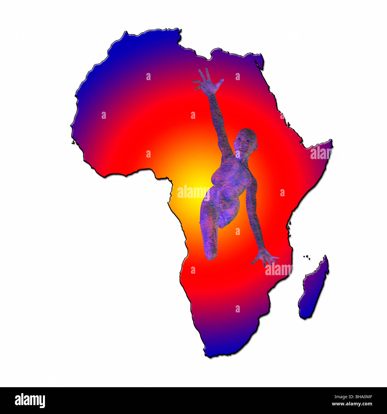 Illustrazione di una donna raggiungere fuori per aiutare su una mappa di Africa. Immagine concettuale della carestia, fame e disperazione in Africa Foto Stock