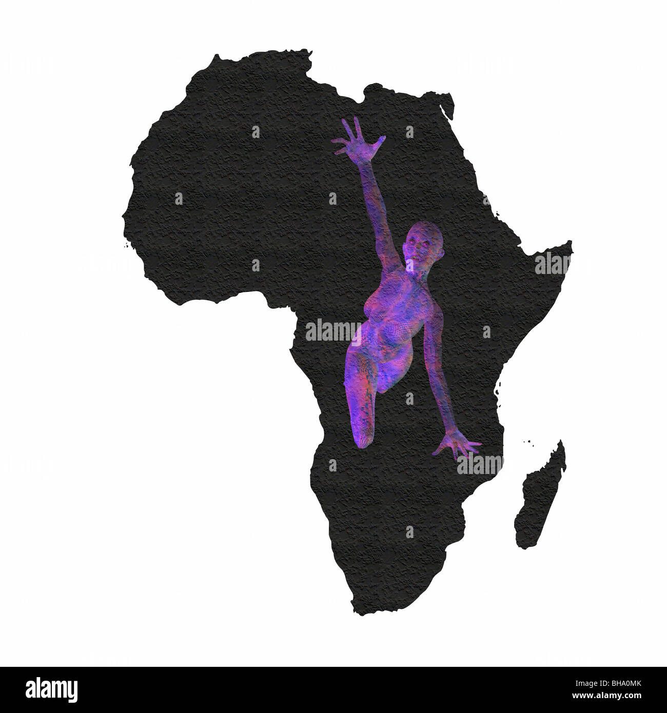 Illustrazione di una donna raggiungere fuori per aiutare su una mappa di Africa. Immagine concettuale della carestia, fame e disperazione in Africa Foto Stock
