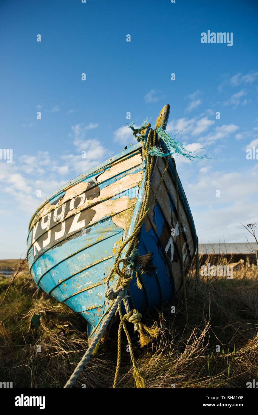Barca abbandonata sulla riva, Burwick, South Ronaldsay, isole Orcadi, Scozia Foto Stock