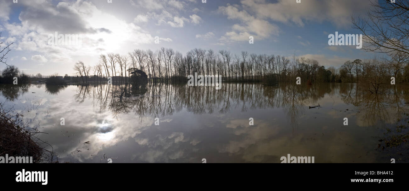 Panorama di allagamento del Fiume Arun vicino a Pulborough, West Sussex, Regno Unito Foto Stock