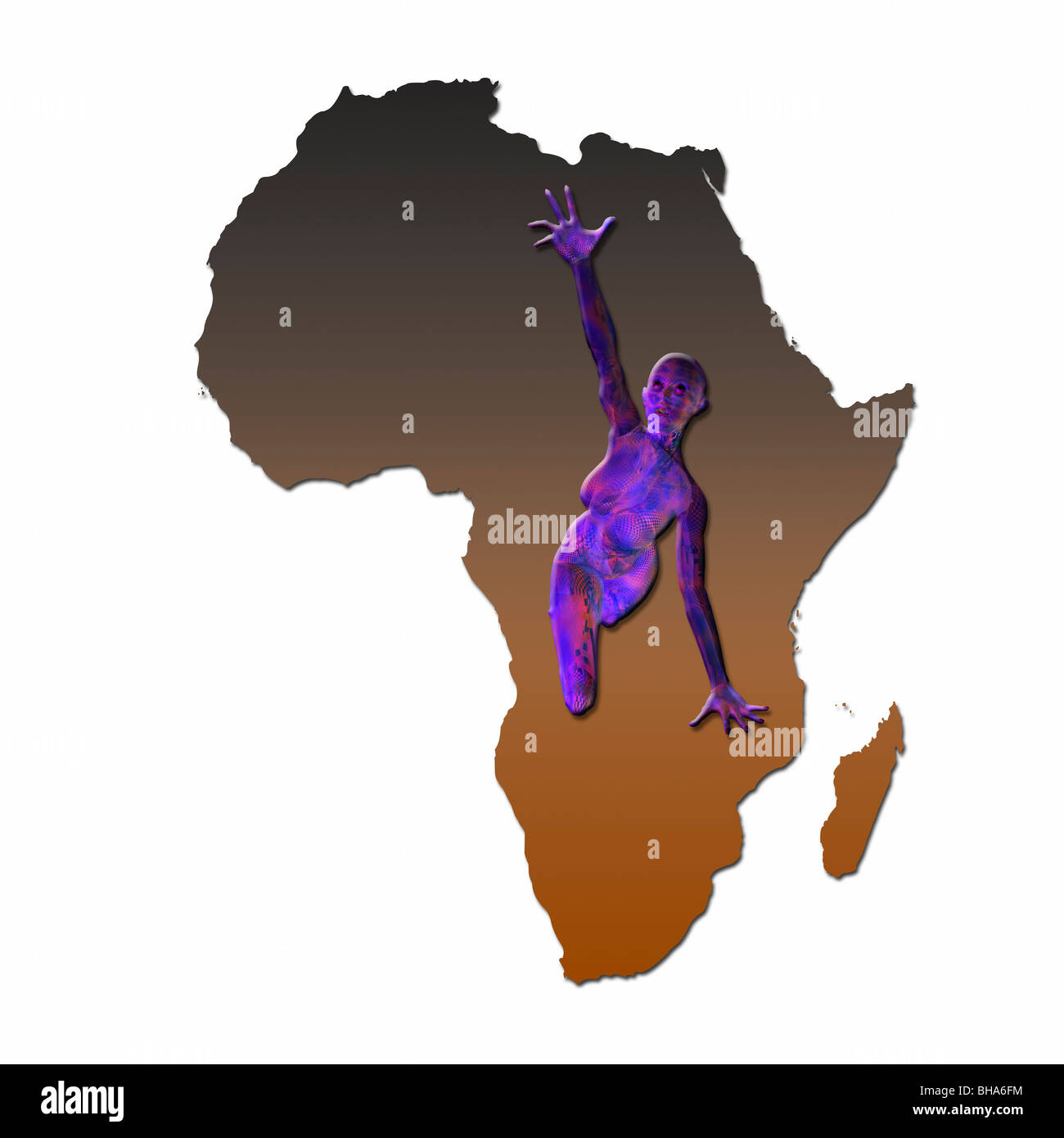 Illustrazione di una donna raggiungere fuori per aiutare su una mappa di Africa. Immagine concettuale della carestia, fame e disperazione in Africa Foto Stock