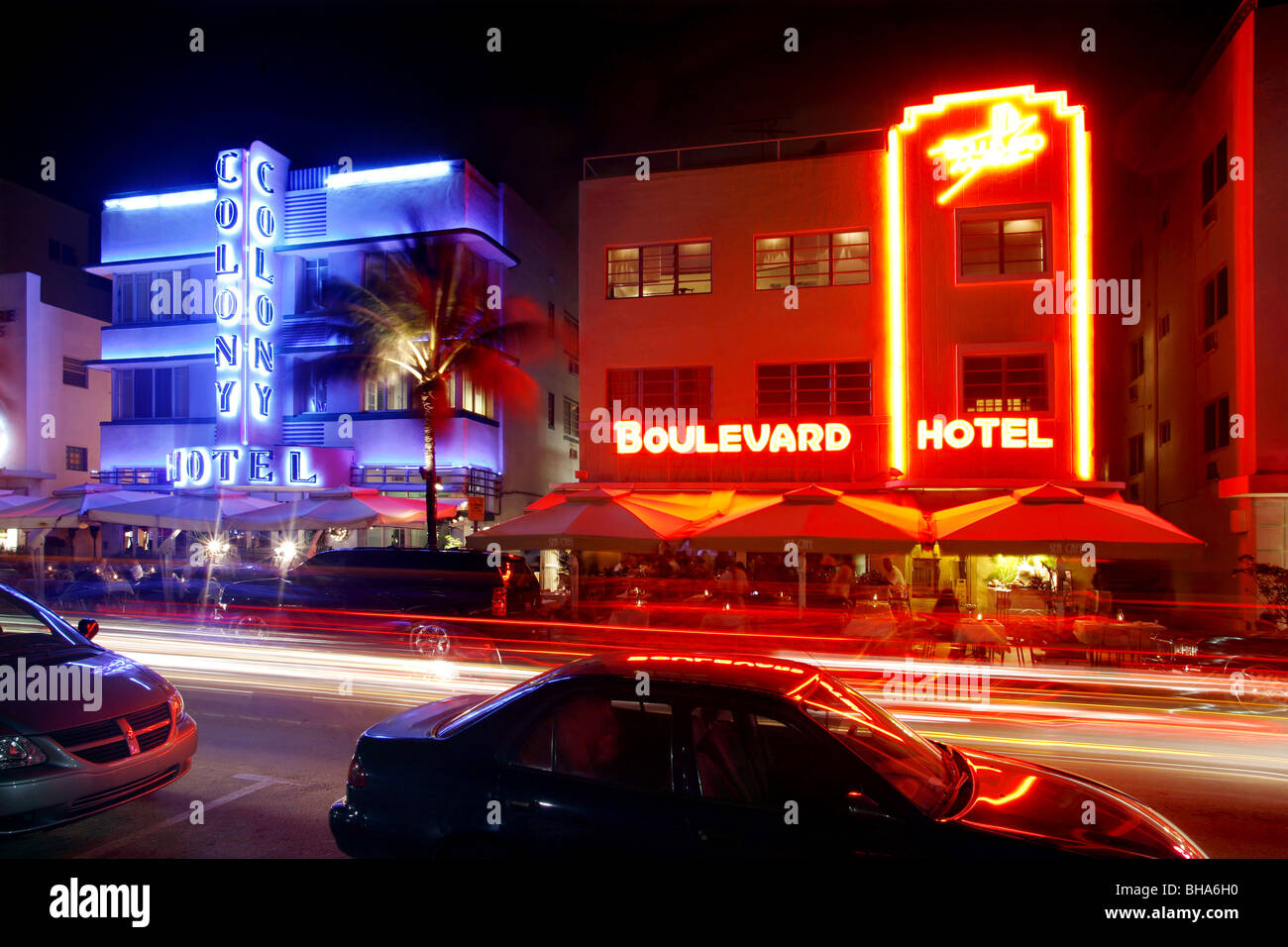 Ocean Drive e South Beach, Miami, Florida, Stati Uniti d'America Foto Stock