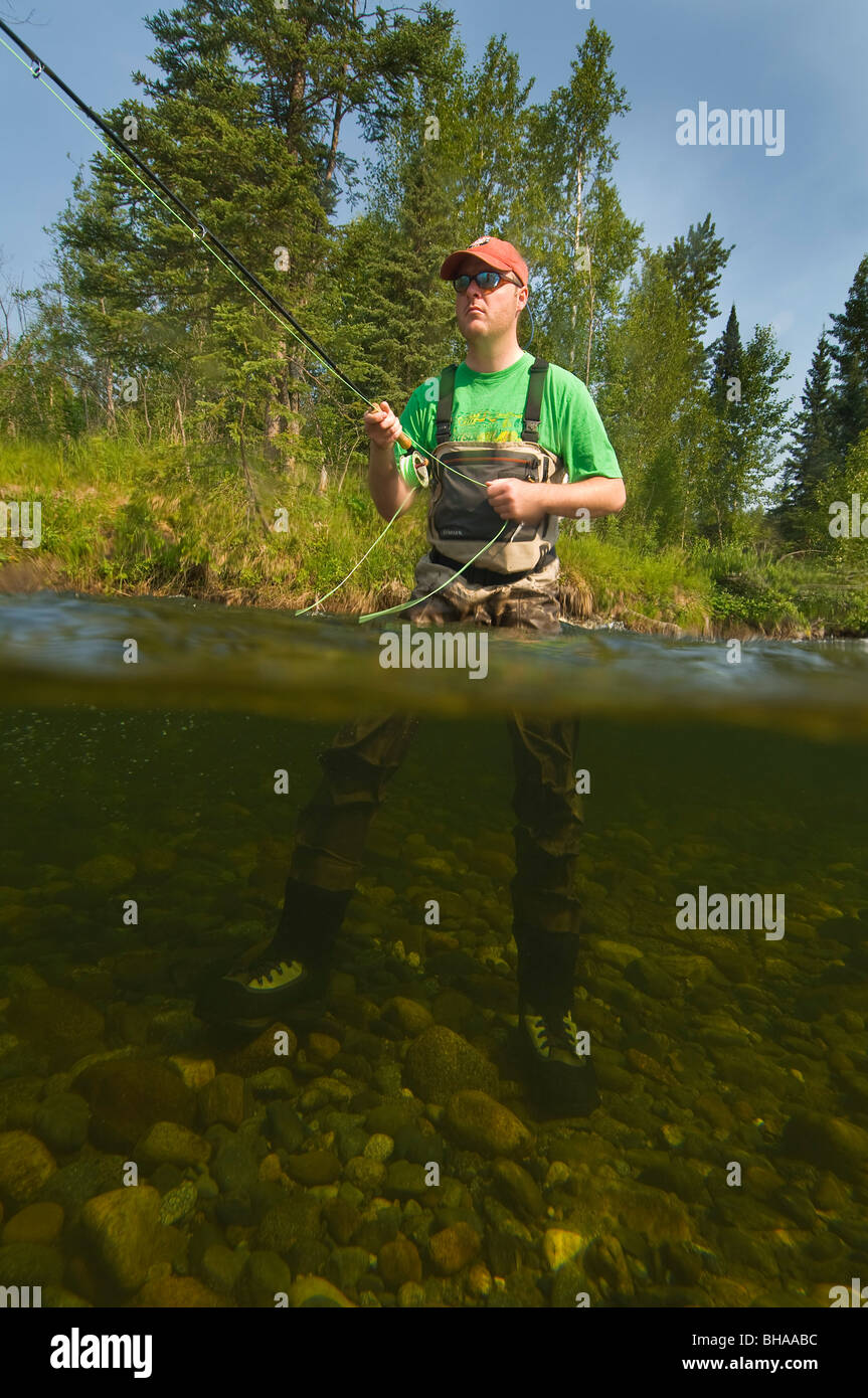 Prospettiva subacquea di un pescatore a mosca per la pesca della trota arcobaleno nel Montana Creek, centromeridionale, Alaska Foto Stock