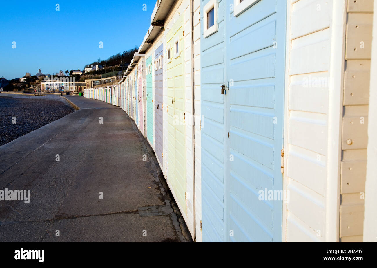 Lyme Regis Cabine sulla spiaggia, Foto Stock